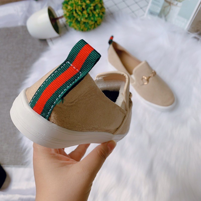 [Freeship đơn 50k] Giày slip on nữ trơn tag khoá gót kẻ 2 màu -Ảnh chụp thật