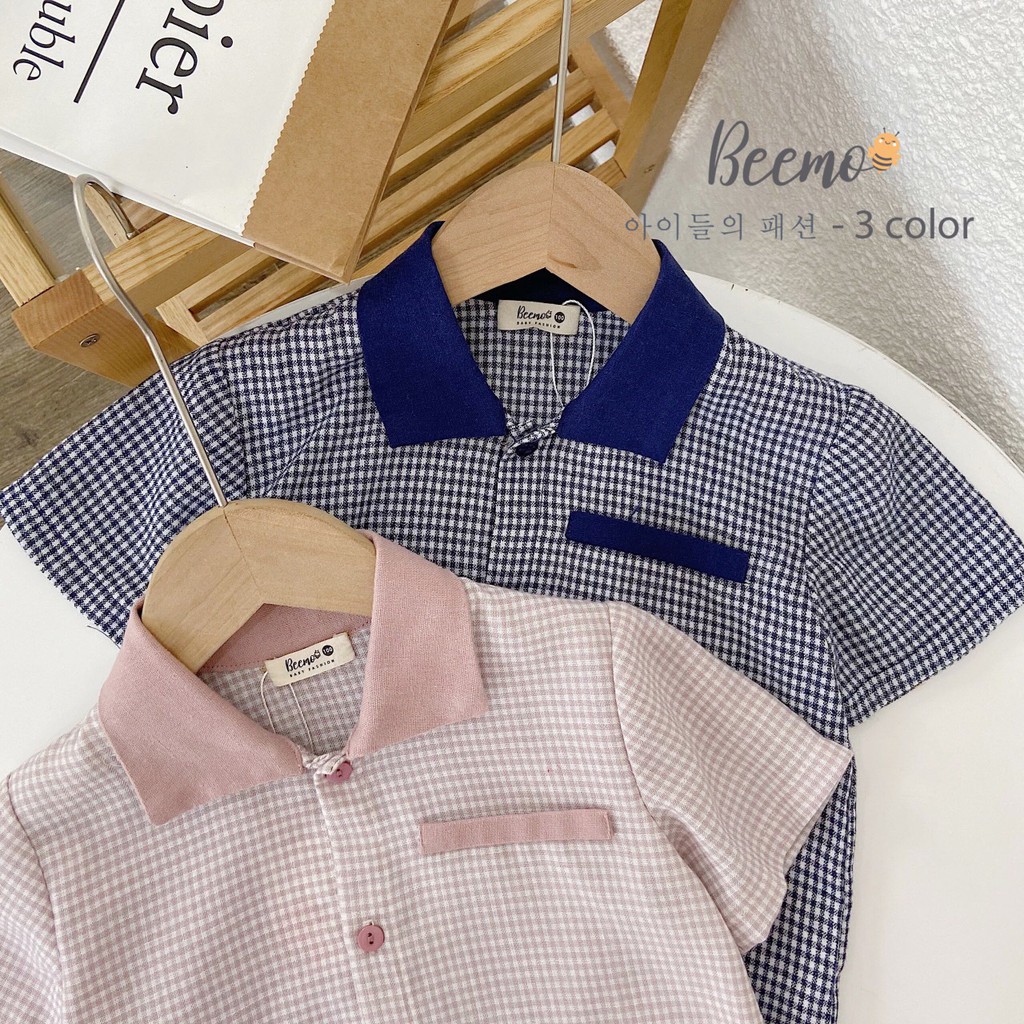 Quần áo trẻ em Beemo- Chất liệu linen mềm mịn, họa tiết kẻ Hàn, form xuông kết hợp cổ bẻ B056