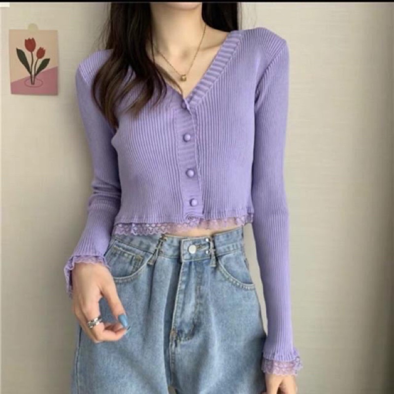 Áo len tăm dài tay croptop viền ren nhiều màu