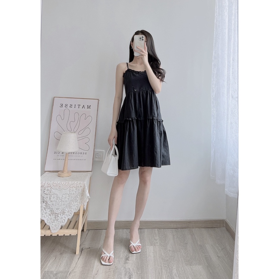 Đầm dây nữ vải dệt in nổi Kiểu babydoll Dáng xòe