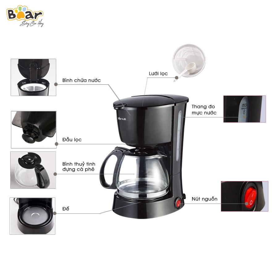 [Bear Chính Hãng]Máy pha trà và cà phê Bear CF-B06V2 màu đen công suất 550W, dung tích 600ml, sử dụng Inox 304 an toàn.