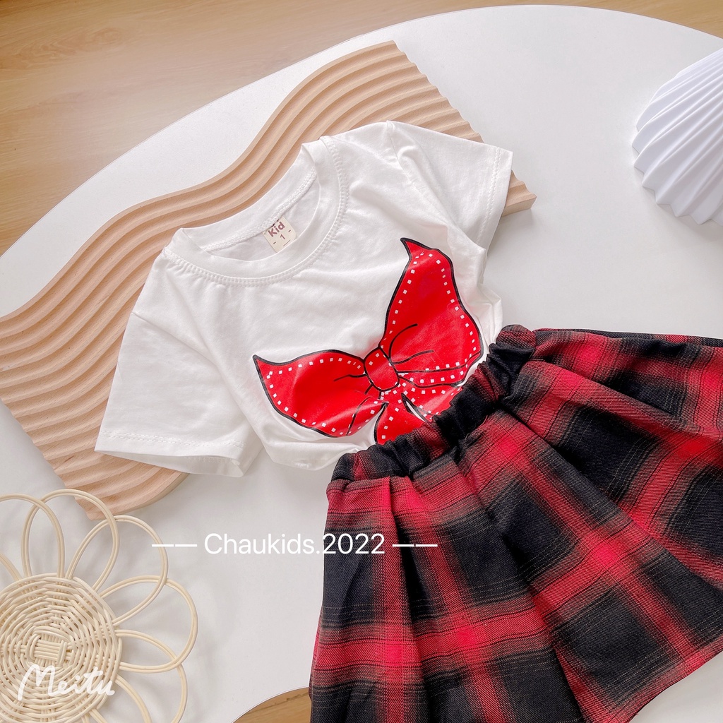 Sét váy xòe xếp ly cho bé gái, set áo cotton nơ đỏ chân váy kẻ thô mềm xếp ly xinh xắn cho bé size 10-32kg