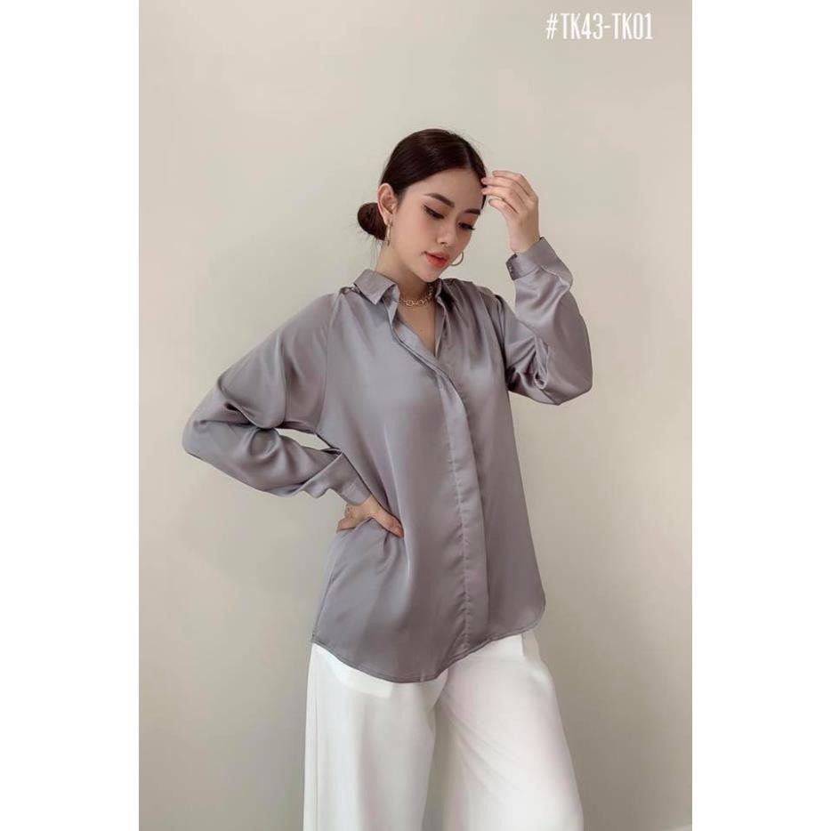 Áo Sơ Mi Công Sở Nẹp Khuy Giấu Nút Liền Lụa Satin Thanh Lịch Nhiều Màu