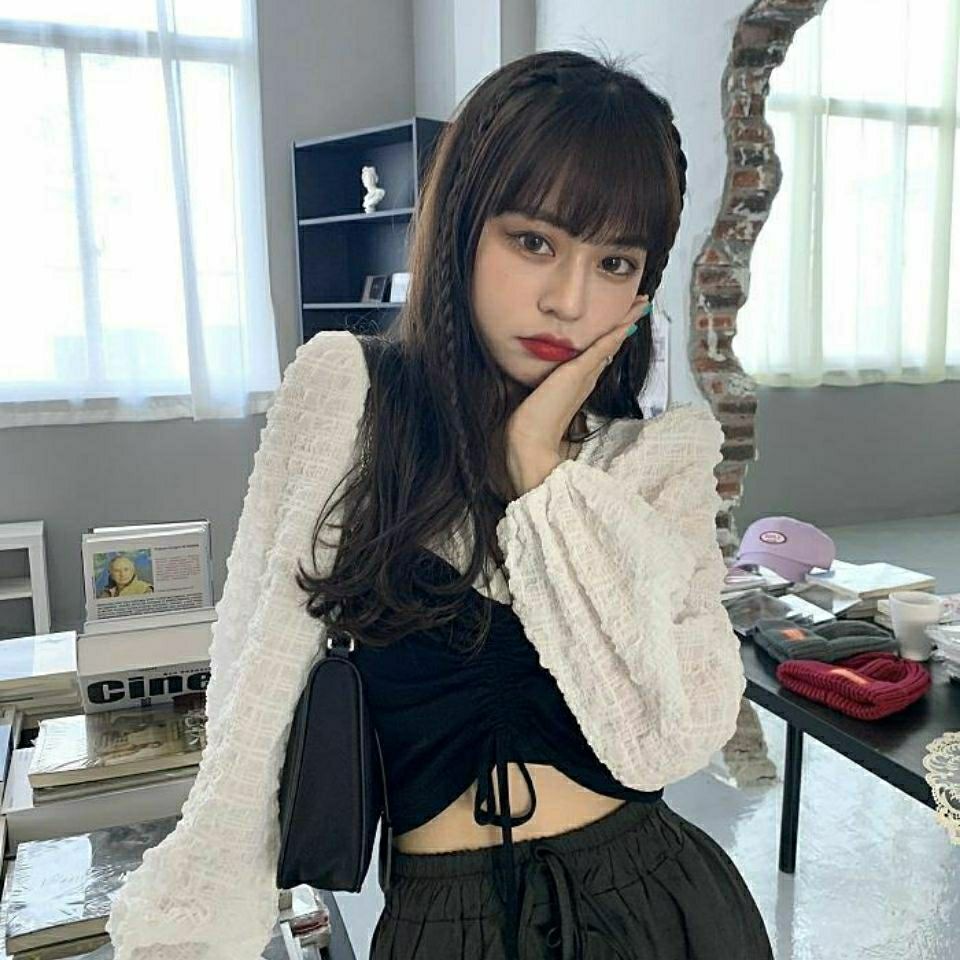 Korean style top, contrast color fashion Korean style drawstring, slim long-sleeved shirt