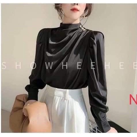 Áo Sơ Mi Nữ Gloria Shop chất lụa satin, áo đính cúc vai tay dài kiểu thời trang sếp ly vai sang trọng