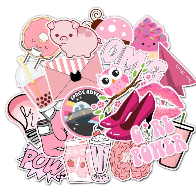 Sét 30-50 Sticker màu Hồng ép lụa -hình dán pink có đề can bóc dán