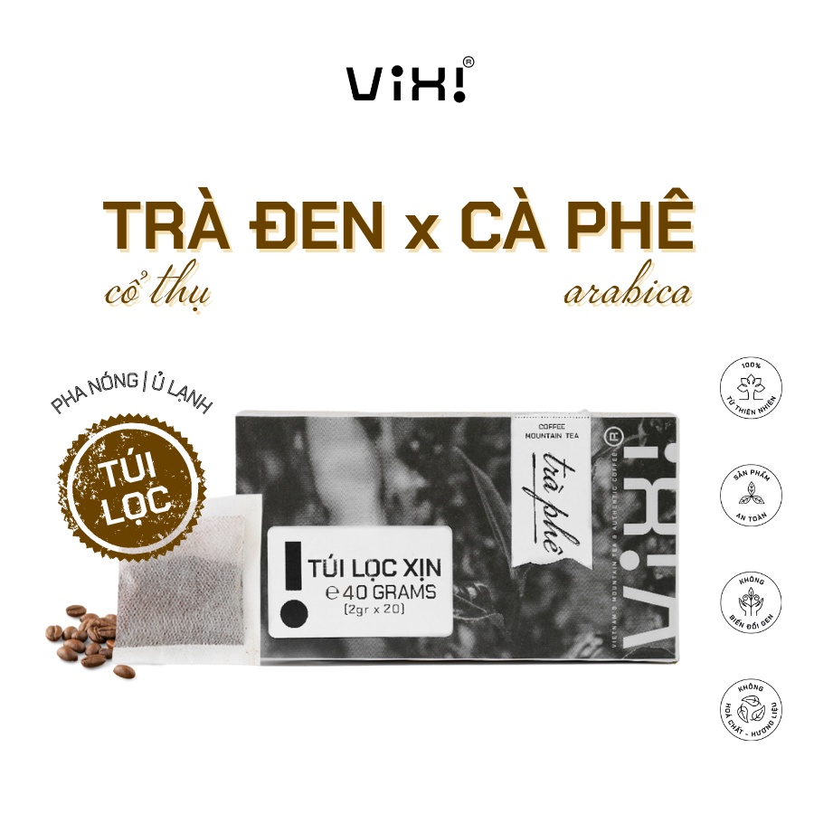 Trà phê cổ thụ túi lọc Vixi, 90% trà đen Shan Tuyết 10% cà phê Arabica rang mộc 40g