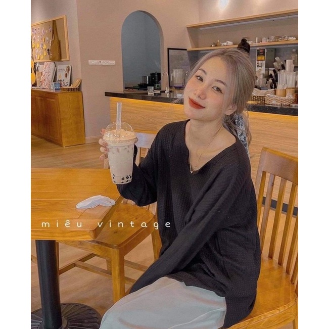 Áo len xốp, cổ giọt lệ ☘️ẢNH THẬT, MIỄN SHIP☘️ Chất Thun dài tay Form rộng phong cách Uzzlang
