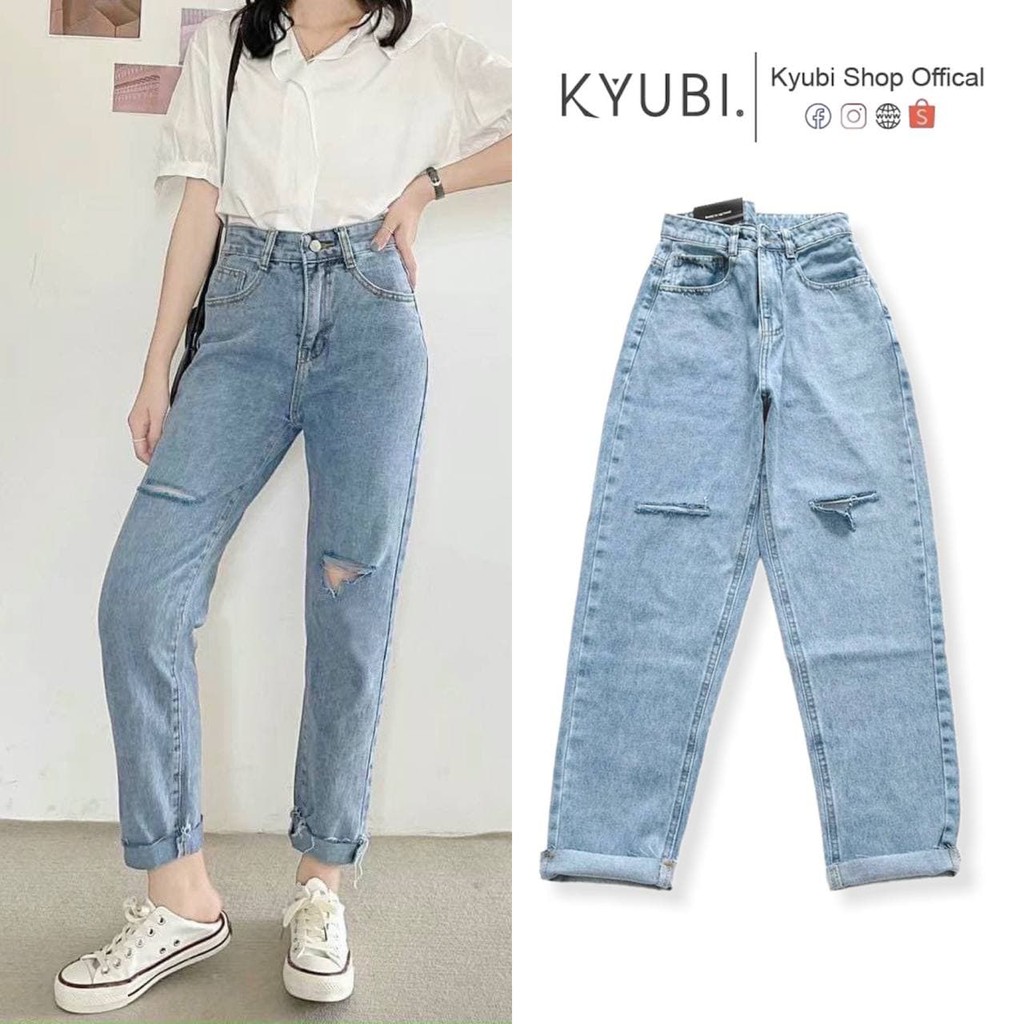 Quần jean baggy nữ ulzzang Kyubi lưng cao cắt lai tua kèm rách gối cá tính - Baggy jean Kyubi BJR52