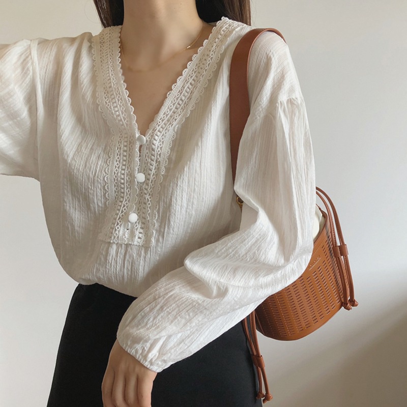 Áo Sơ Mi Nữ Trắng Áo Nữ Tay Dài Cổ Chữ V Phối Ren Màu Sắc Thanh Lịch
