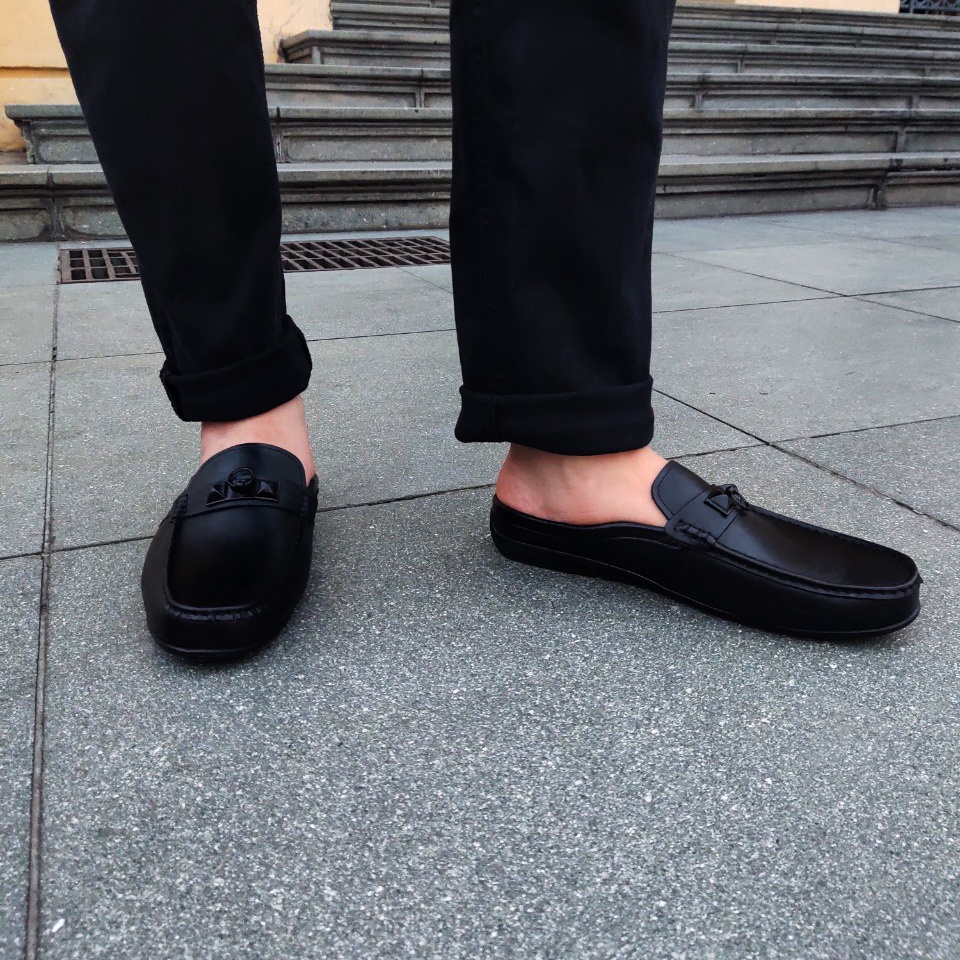 Giày sục nam da bò đế cao su đúc khâu chỉ dù siêu bền màu đen SHOES 2H - S05