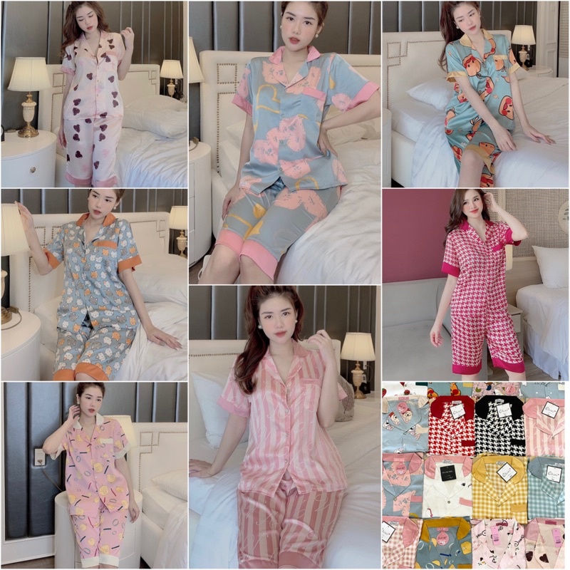 [MẪU HOT] Đồ Bộ Lụa Pijama Quần Lửng Họa Tiết Mới ☘️ Chất liệu Satin💚Đồ Ngủ Nữ