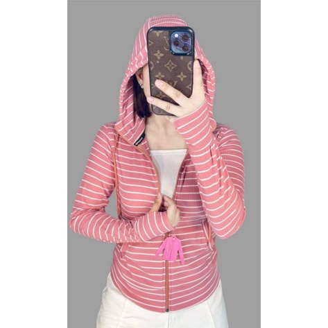 [43-53kg] Áo Khoác Thun Gân Nhỏ Sọc 2 Màu, Vải Dày Vừa Phải. Áo Khoác Sọc Màu Có 6 Túi