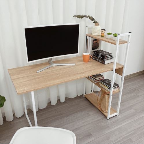 Bàn học, Bàn làm việc gỗ, khung sắt kèm kệ sách lớn hiện đại - GM12