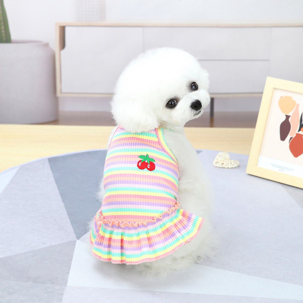 LUCKY Cotton Dog Dresses Princess Dresses Rainbow Pet Clothes Cat Vest Lace Cherry Puppy Shirts Small Medium Dogs Striped/Multicolor