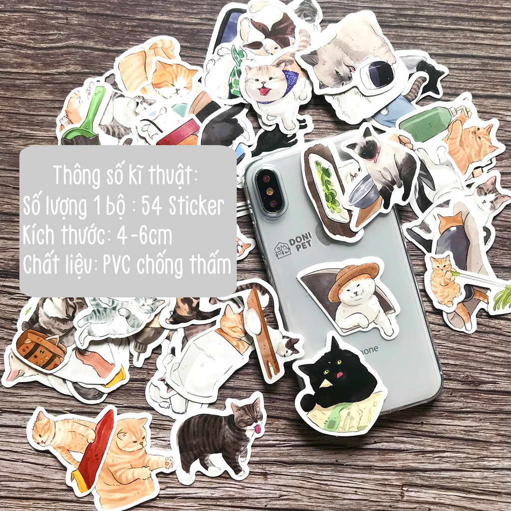 BỘ 54 STICKER MÈO MẶT NGU- DÁN MŨ BẢO HIỂM ĐT VALI NHẬT KÝ CHỐNG THẤM CHỐNG TRẦY