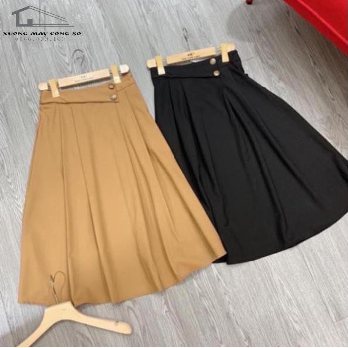 Chân váy công sở dáng xòe dài qua gối - Phối 2 cúc xếp ly - 2 màu Nâu Đen | BigBuy360 - bigbuy360.vn