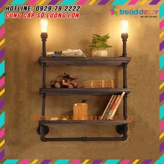 kệ treo tường gỗ 3 tầng kệ ống nước Kiêm đèn tường và giá treo decor bằng ống săt độc lạ bền đẹp trang trí