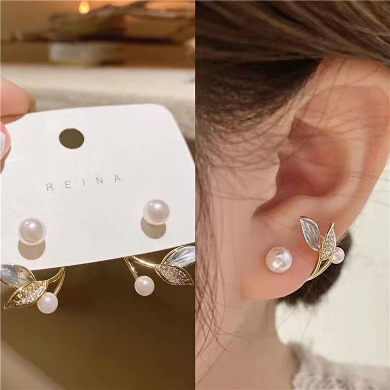 Bông Tai Hình Lá Đính Ngọc Trai Thời Trang Xuân Hè 2022 Dành Cho Nữ