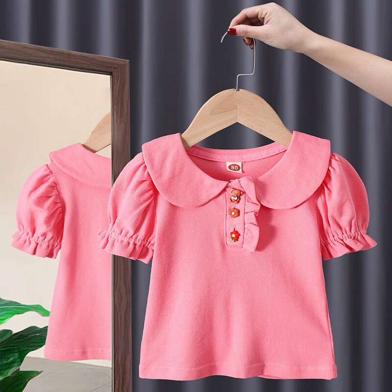 Áo Thun Cotton Cổ Tròn Tay Phồng Thời Trang Mùa Hè Dành Cho Bé Gái