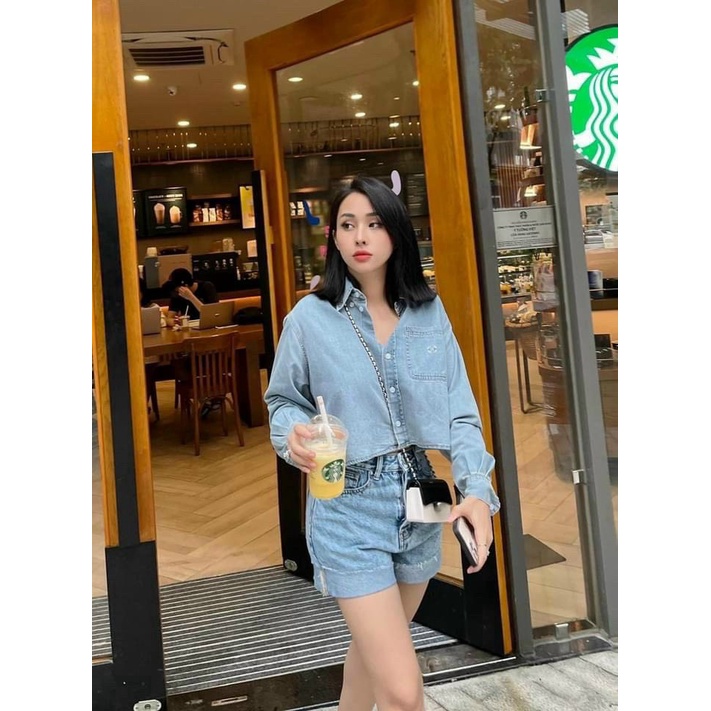 Áo sơ mi jean dáng croptop tay dài!