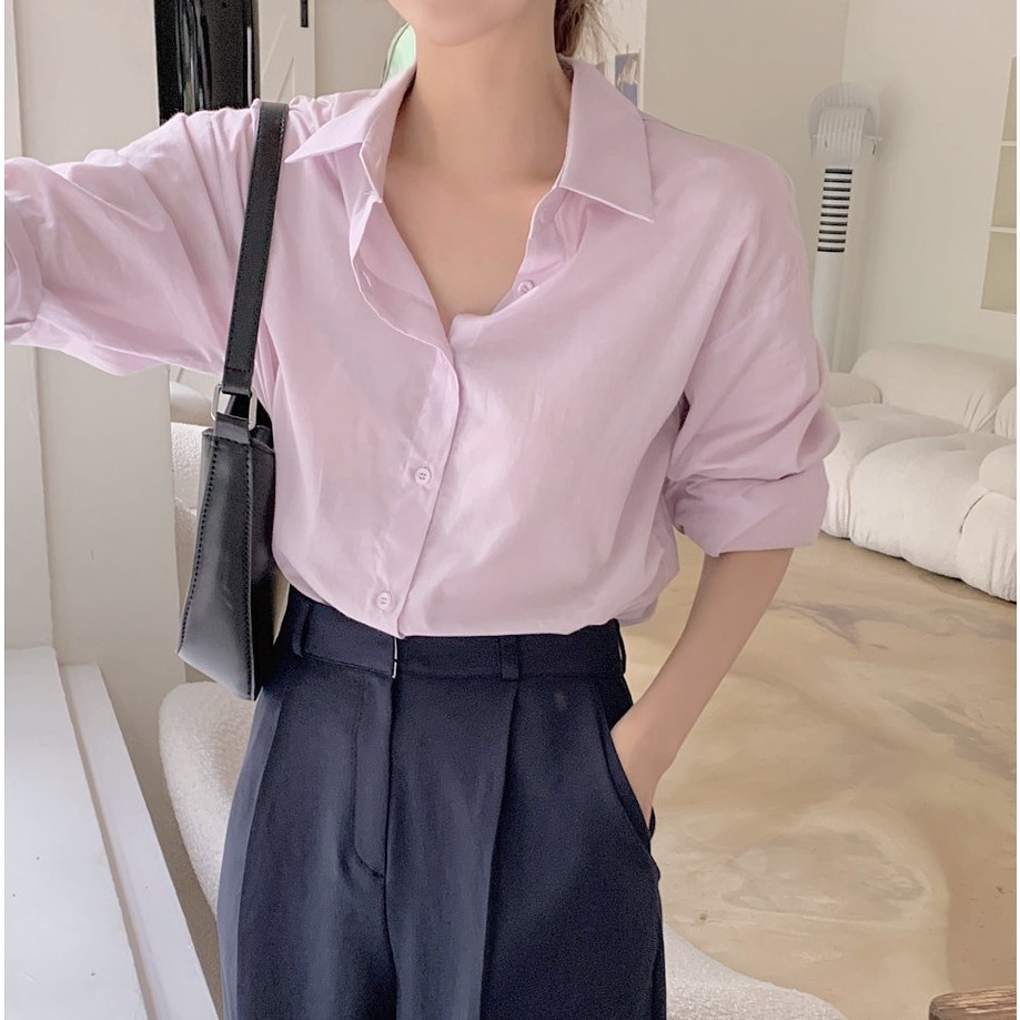 Áo sơ mi peppermint 44747 thiết kế cơ bản tay dài cổ polo phong cách Hàn Quốc dành cho nữ