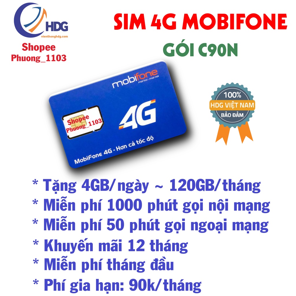 Sim 4g mobifone 12FD50 tặng 5gb/ngày /12 tháng không nạp tiền , C90N tặng 4gb/ngày kèm nghe goi - viễn thông HDG