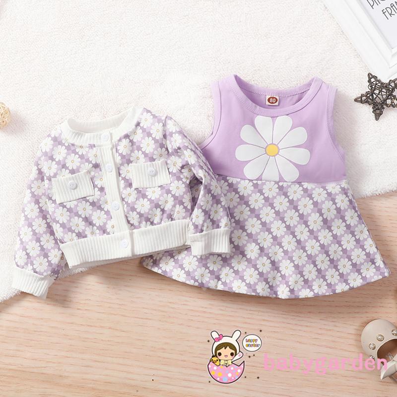 Set áo khoác hoa + đầm chữ A không tay cổ tròn eo cao + áo khoác cardigan màu tím/ hồng cho bé