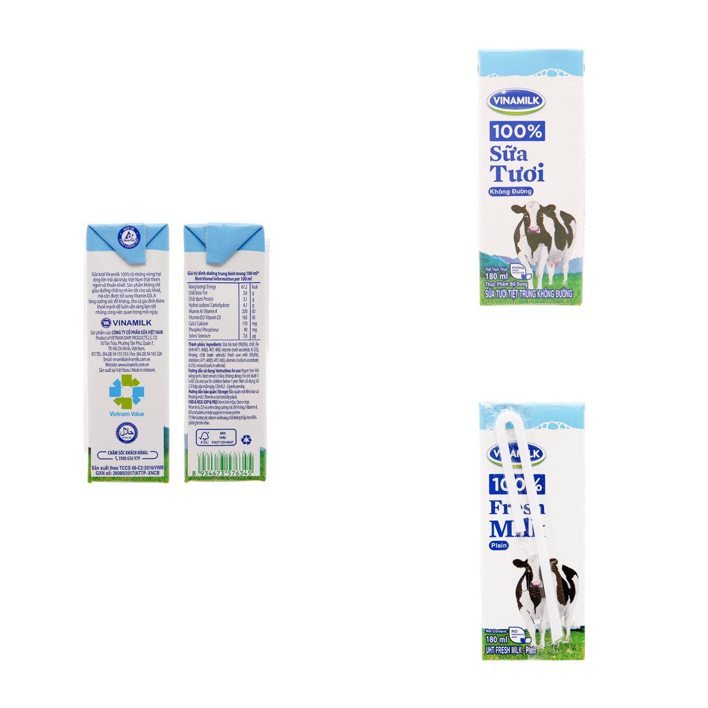 THÙNG SỮA TƯƠI TIỆT TRÙNG VINAMILK 100% 48 x 180ML