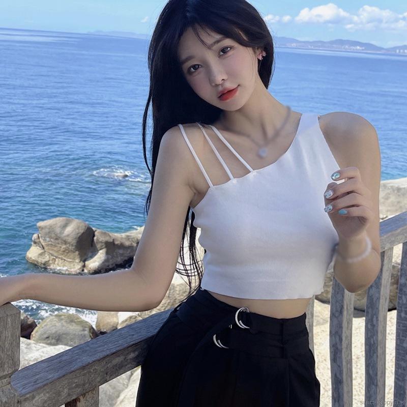 Áo croptop dệt kim lệch vai phong cách Hàn Quốc