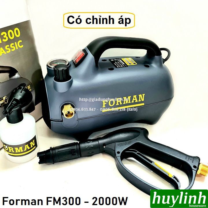 Máy xịt rửa xe mini Forman FM-300 - Dây 15 mét - Có chỉnh áp - Tặng béc rửa máy lạnh