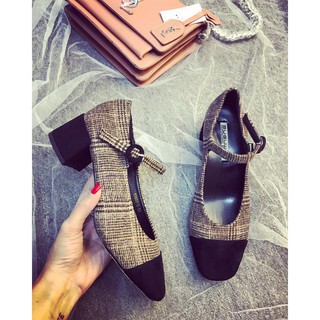 Giày búp bê kẻ caro có quai màu nâu