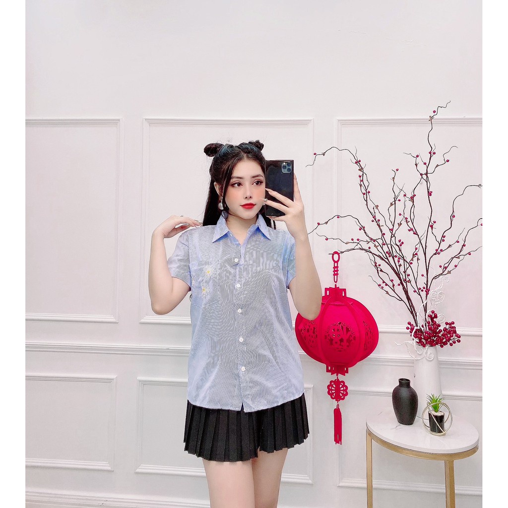 [HCM] Áo sơ mi nữ, áo nữ thêu hoa cúc nhí sọc xanh tay ngắn đủ size S M L [SKUA-11]