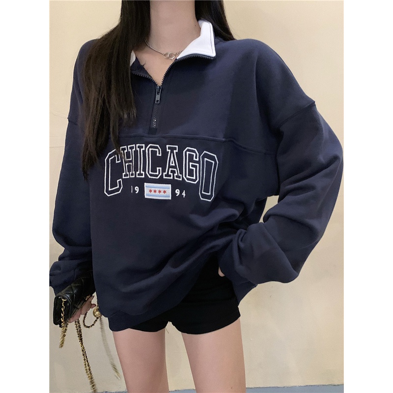 Áo sweater nỉ chữ Chicago 1994 form rộng cổ bẻ khóa zip dài tay phong cách Hàn Quốc Ulzzang