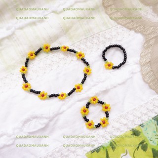 Vòng tay hạt cườm hoa vừa, nhẫn và vòng cổ choker hình bông hướng dương Sunflower #Quadaomauxanh