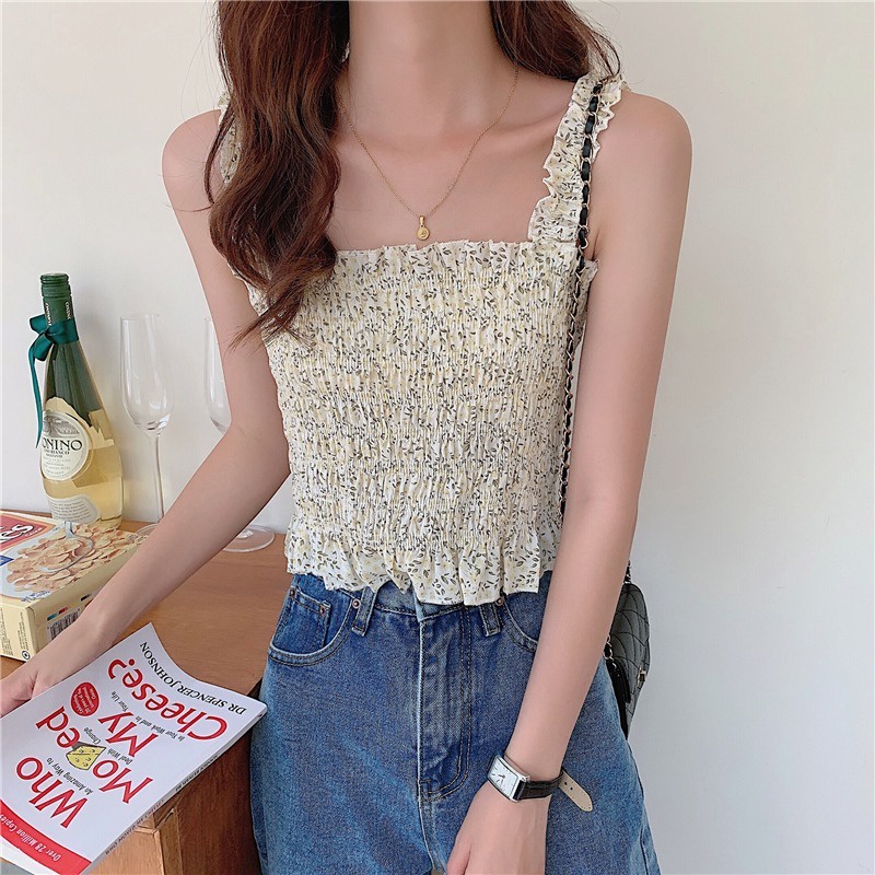 【ZHELIHANGFEI】 / Áo Hai Dây Họa Tiết Hoa Gấp Gọn Eo Hẹp Eo Quyến Rũ Cho Nữ