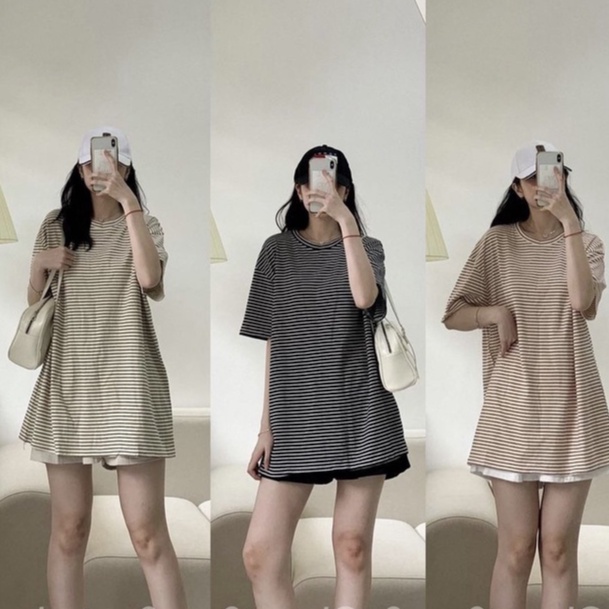 Set áo thun kẻ ngang nữ phối quần short nữ - bộ áo thun kẻ ngang cổ tròn form rộng và quần short đùi nữ cạp cao SIÊU HOT