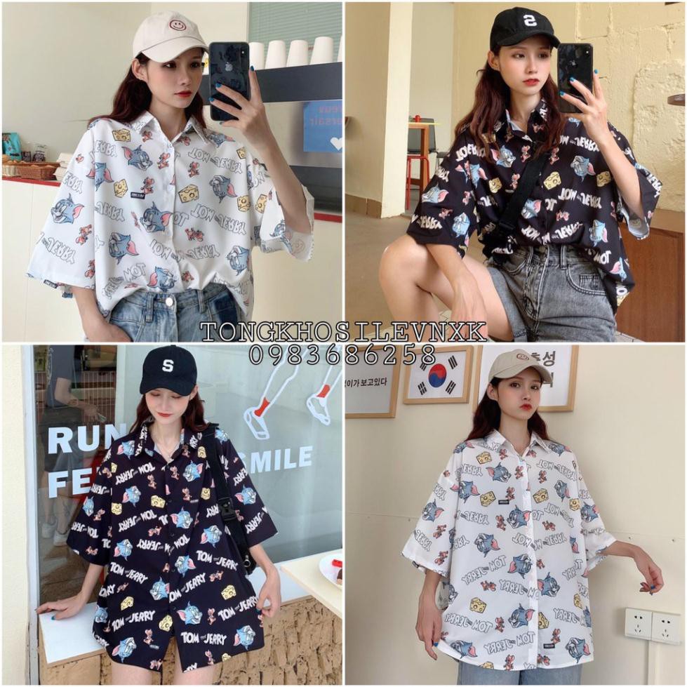 ÁO SƠ MI HOẠT HÌNH TOM VÀ JERRY UNISEX FORM RỘNG CUTE ĐEN TRẮNG - ÁO SƠ MI LOANG MÈO CHUỘT