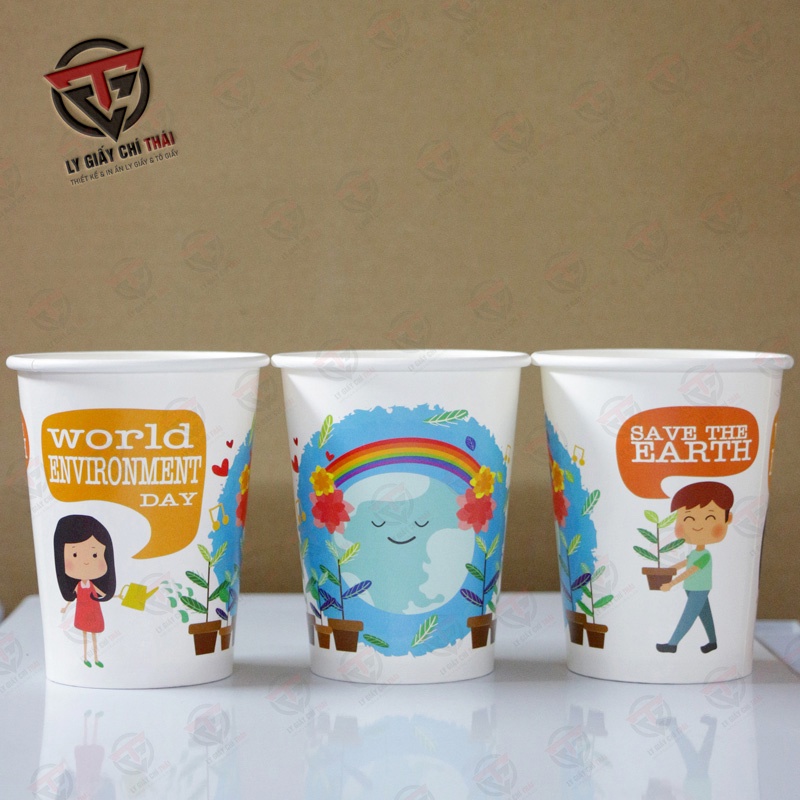 SET 50c Ly Giấy, Cốc Giấy 14oz 360ml Mẫu In sẵn Save The Earth dành cho quán cafe take away và Trà sữa.