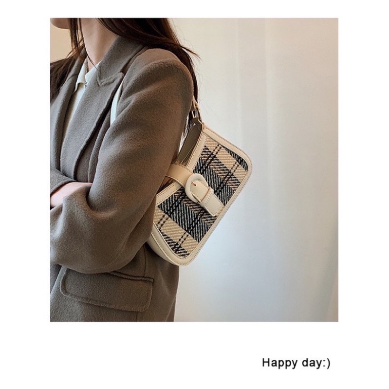 Túi Đeo Chéo Nữ Phối Thổ Cr, Túi Xách Nữ Dạ Kẻ Thời Trang Hàn Quốc