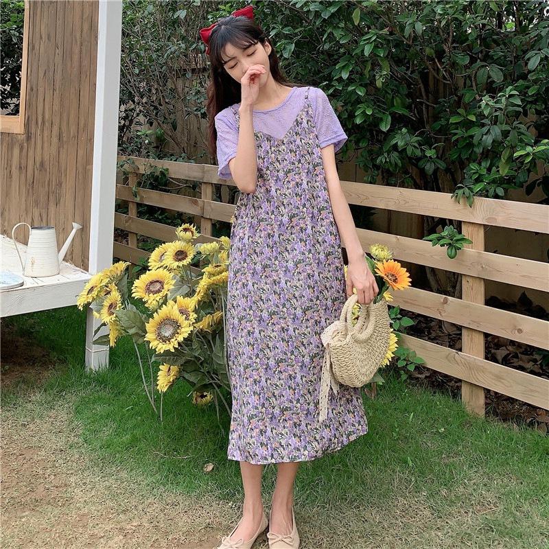 Korean Fashion Wild Floral Slim Retro V-Neck Oil Painting Picture Color Sling Dress | WebRaoVat - webraovat.net.vn