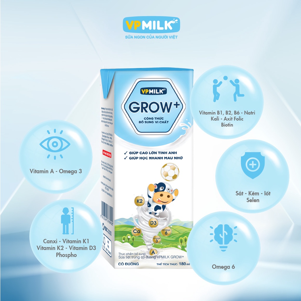 Sữa tiệt trùng VPMilk Grow+ hộp 180ml (thùng 48 hộp)