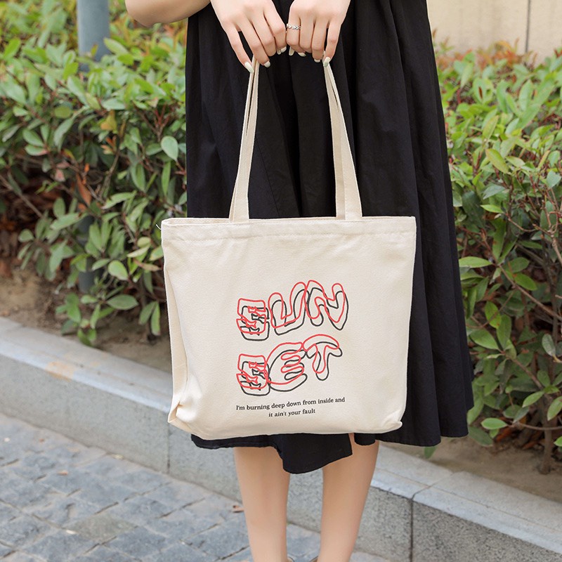 Túi tote HAZIN vải canvas ulzzang unisex in chữ Sunset có khoá miệng túi nhỏ bên trong HZ58