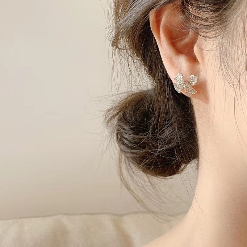 MANYUE Bông Tai Mạ Bạc 925 Hình Nơ Đính Đá Kim Cương Toàn Bộ