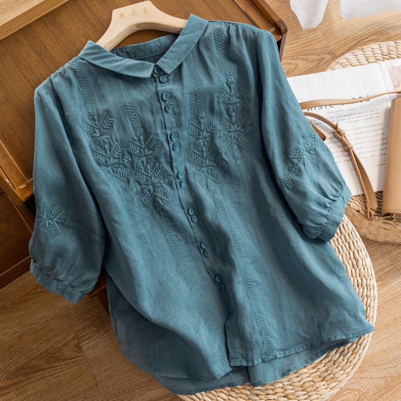 Ice embroidered blouse cotton linen short-sleeved thin shirt Japanese ramie pick up ~ big brand cut label