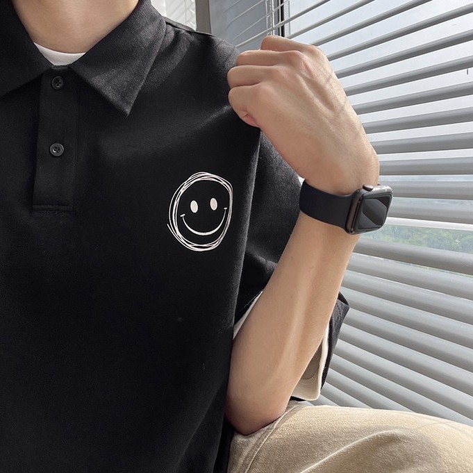 Áo thun polo ngắn tay dáng rộng in hình mặt cười phong cách Hàn Quốc cho nam và nữ