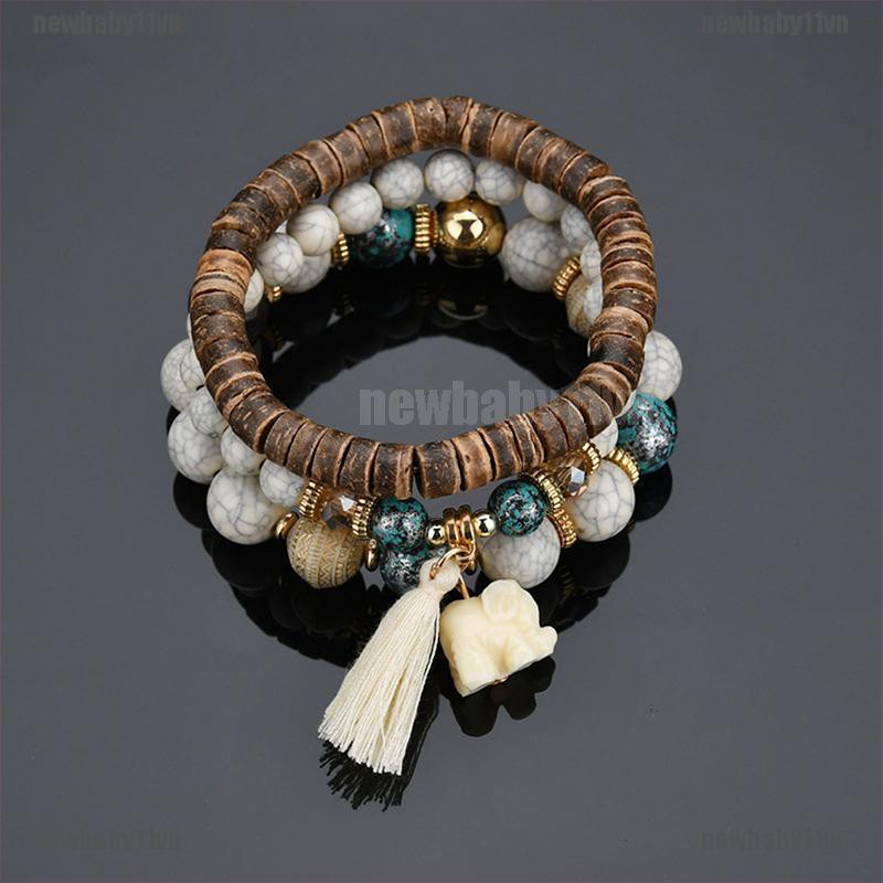 Set 3 vòng tay chuỗi hạt phối tua rua mặt dây hình voi phong cách Bohemian quyến rũ