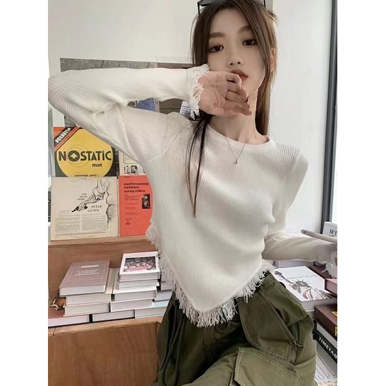 NUZIRO  Áo dệt kim  tay dài cổ tròn màu sắc đơn giản phong cách Hàn Quốc cho nữ