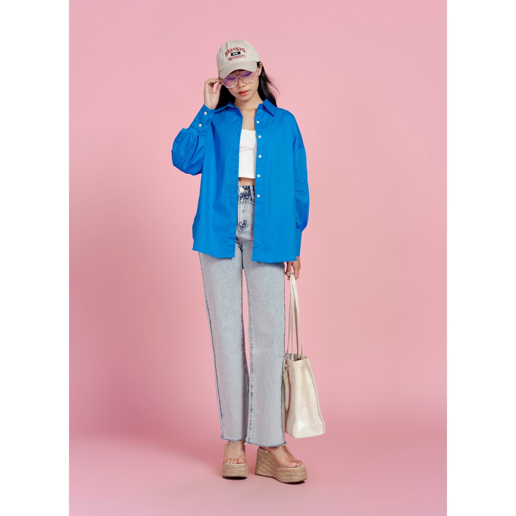 Áo sơ mi thời trang nữ oversize form rộng cơ bản nhấn viền lưng sau thời trang GAGO màu xanh dương GA3811