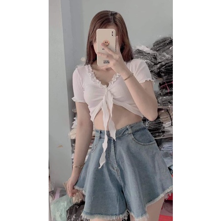 [ Ảnh Thật ] Áo Croptop Kiểu Thắt Nơ Trước Ngực Viền Bèo